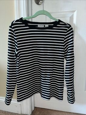 Chico's Black & White Striped Long-Sleeve Crew Top